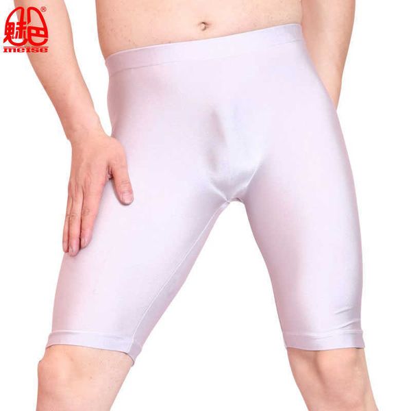 Sexy Men Oil Shiny Lycra Middle Pants Seamless Solid U Convex Pouch Half-Length Boxers Gay Wear Long Leg Underpants Dance Corset X0628