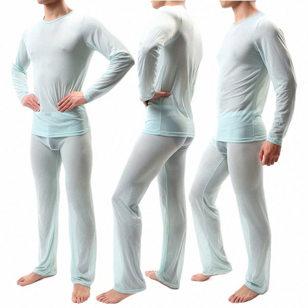 Hombres sexy Conjuntos de pijamas Ver a través de camisetas de seda de hielo Sin costura Camiseta Hombre delgado Camiseta Pantalones Pijama Pijamas masculinos sexy Ropa de dormir d7pQ #