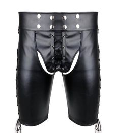 Bragas sexis para hombre, pantalones de arnés Bondage con cordones laterales de piel sintética, lencería gótica, pantalones cortos abiertos BuOpen Cortch, ropa interior fetiche Gay8987655