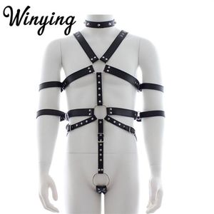 Sexy mannen PU leer full body verstelbare harnas riemen hoofdsteunen set mannelijke erotische bandjes homo kostuum bdsm bondage bh sets261g