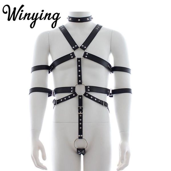 Sexy hombres PU cuero cuerpo completo arnés ajustable cinturones restricciones conjunto masculino correas eróticas traje gay BDSM Bondage Bras Sets265J