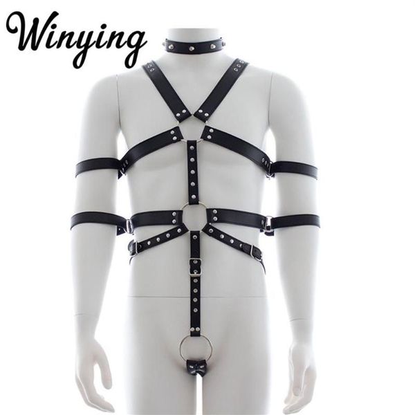 Sexy hombres PU cuero cuerpo completo arnés ajustable cinturones restricciones conjunto masculino correas eróticas traje gay BDSM Bondage Bras Sets261G