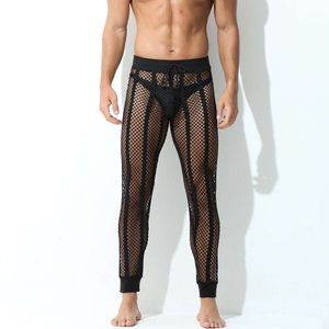 Pantalon Sexy pour hommes, bas en maille rayé respirant, transparent, trou ajouré, Legging exotique taille basse, vêtements de nuit