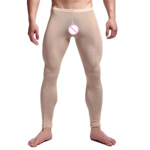Sexy mannen doorzichtige broek zijdeachtige panty's melkvezel leggings broek lang johns ondergoed u convex pocket heren worstelen singlet2703