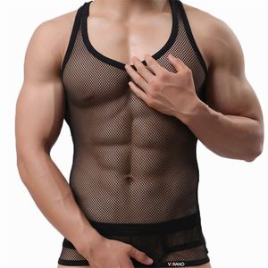 Sexy Hommes Singlet Transparent Undershirt Voir Bien Chemise Sans Manches Respirant Bodybuilding Fitness Gilet Débardeur Hommes Mesh 210308