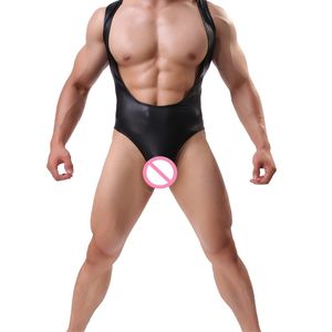 Sexy hommes sans manches body une pièce sous-vêtements ouvert poitrine lutte Singlet combinaison Faux cuir Catsuit mâle Lingerie M-XL