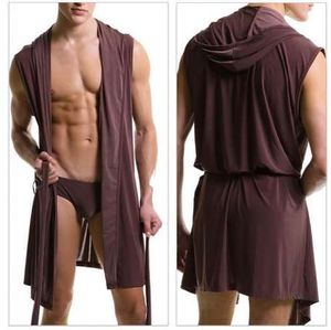 Sexy Männer Sommer Eis Seide Robe Kleid Männlichen Bademantel Nachthemd männer Ärmellose Roben Mit Kapuze Schwarz Weiß Grau Kaffee Nachthemd