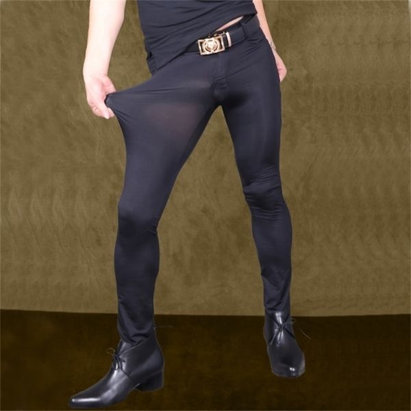 Sexy hommes pantalons transparents glace soie voir à travers élastique pantalon serré crayon soyeux érotique Lingerie Club Gay Wear F90 210715