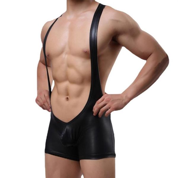 Sexy Men Undershirt fausse cuir PU Wrestling Sinchlet Jumpts Suit Suspender Slim Teddies Underwear BodySuit One-Piece Body Black244Q