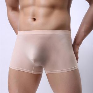 Sexy hommes sous-vêtements glace soie boxeurs Shorts homme mince Semi-transparent culotte homme solide U convexe poche caleçon Cueca M-XXL239C