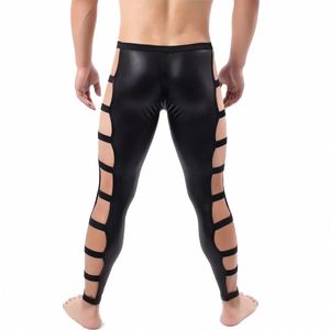 Sexy Mannen Wetlook Latex Broek Lingerie Kunstleer Side Lace Up Gay Broek Strakke Gothic Broek Clubwear Joggers streetwear Mannen B5f4 #