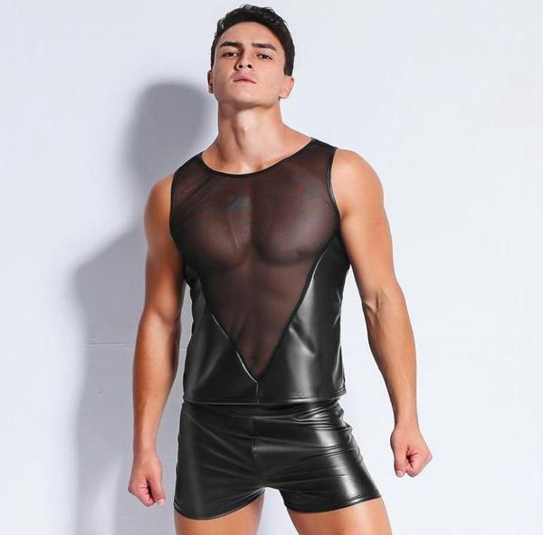 Sexy Men039s Fun Patent Cuir Black Mesh Tshirt Tops Tees Wet Look Fetish Latex DS Lingerie Catsuit exotique Club Wear Costume2276760