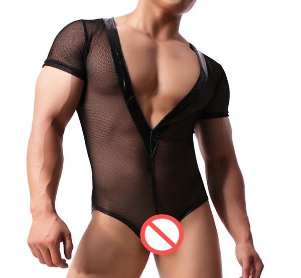 Sexy Men039s Nylon Black Mesh Wrestling Singlete Bikini Suprender Sosting Bodysuit sexy Teddies ropa interior transparente transparente sin aliento4293942