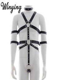 Sexy Men039s PU Cuero Cuerpo completo Arnés ajustable Cinturones Restricciones Conjunto Correas eróticas masculinas Traje gay BDSM Bondage Bras Sets2804126