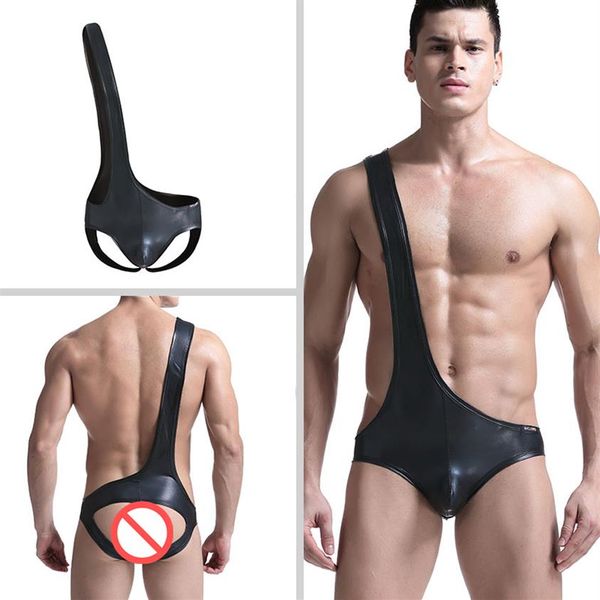 Sexy para hombre negro charol camisetas mamelucos mono cintura delgada body erótico gay stripper sin mangas blusa ropa interior B228x