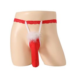 Sexy Mens Christmas Fancy Bikini Bottom Feather Thongs Micro G-string Red Funny T-back Underwear Hollow Pantes Lingerie érotique