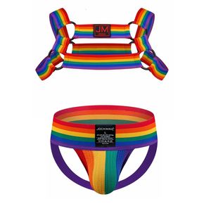 Les sous-vêtements de harnais pour hommes sexy sets de sous-vêtements gays de lingerie de linge ceintures fétiche jockstrap string arc-en-ciel motif 240506