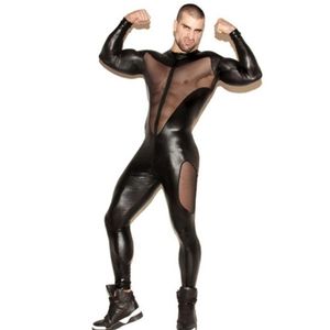 Sexy Mens Lace Leather Catsuit Bodysuit Jumpsuit PVC Club Robot Rompertjes Kostuum L972 SMLXLXXL302x