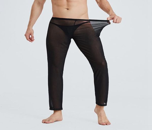 Sexy para hombre pura malla larga Johns pantalones transparentes delgados pantalones de pijama delgada