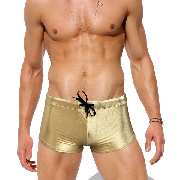 Sexy para hombre brillante resumen de natación nylon rápido seco bajo cintura dorada plateado playa bañeras de baño moda de mayo sport shorts shorts
