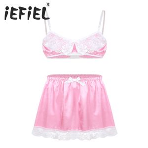 Sexy Mens Smooth Satin Lace Sissy Conjunto de lencería Correas de hombro ajustables Spaghetti Bra Top con cintura elástica Falda corta LY191222