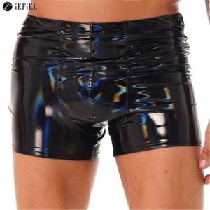 Sexy Mens Look Het Patent Boxer Boxer Breve Bouch Shorts Underwear Swiny Metallic Swim Trunks Bikini Bottoms Swimwear 240228