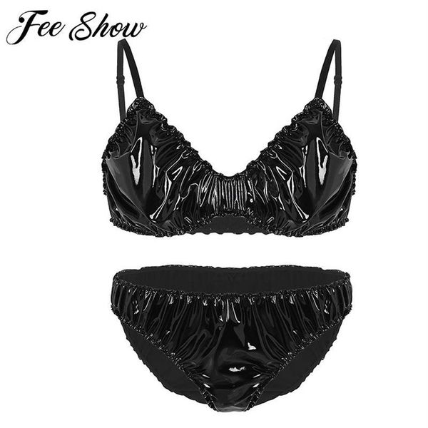 Ensemble de Lingerie Sexy en Faux cuir pour hommes, ensemble de Lingerie à volants, Gay Sissy, hauts de soutien-gorge en Latex avec slip de Bikini, sous-vêtements masculins, culottes 274j