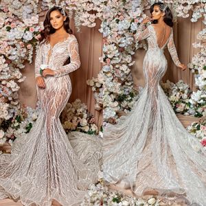 Sexy sirena 2023 vestido de novia país manga larga cuello transparente encaje apliques ilusión vestidos de novia Arabia Saudita túnicas de mariee