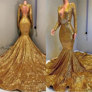 Sexy zeemeermin backless prom jurken diepe v-hals lange mouwen lovertjes bling bling kraal vloer lengte avondkleding jassen