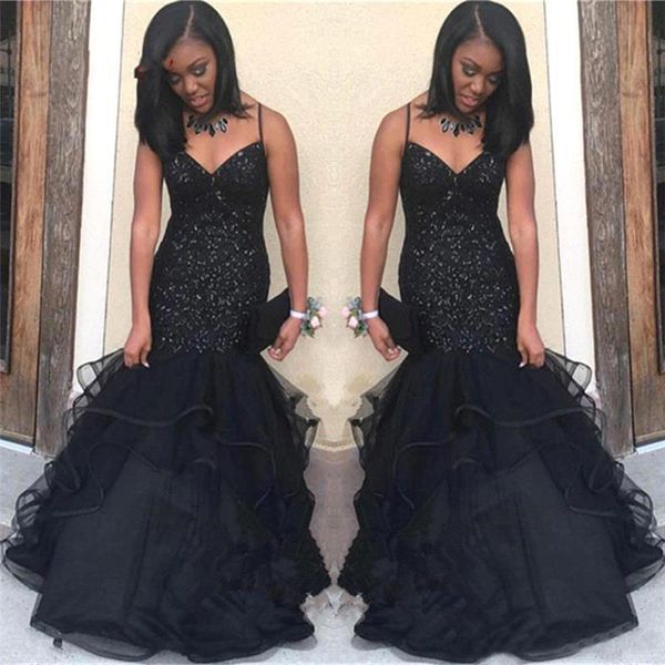 Vestidos de fiesta de encaje negro de sirena sexy para mujeres sudafricanas volantes con cuello en V vestidos sin espalda de espagueti Vestidos de noche batas de soir￩e Formal