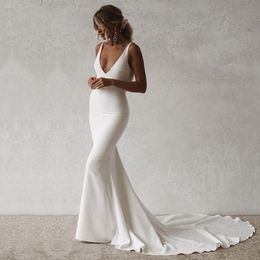 Sexy Mermaid Bride Dresses Boho en V-Eck Open Back Back Wedding Wedding Vestido Simple Long Train Vestido de novia 2021 227H