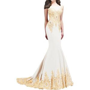 Elegante zeemeermin crêpe pure nek prom jurken lange gouden appliques illusie terug vegen trein feestjurk maxi trompet avondjurken voor vrouwen