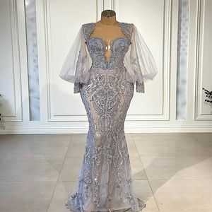 Sexy zeemeermin avondjurken geappliceerd kant kralen chic prom jurk lange mouwen illusie robe de mariée sweep trein formele feestjurk