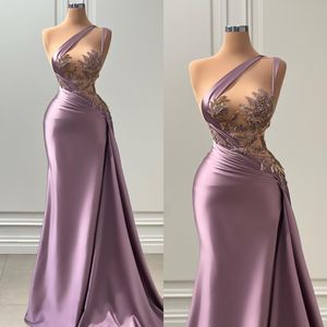 Sexy zeemeermin avondjurken elegante bandjes parels illusie lijfje galajurk satijnen jurken voor speciale gelegenheden vloerlengte robe de soiree