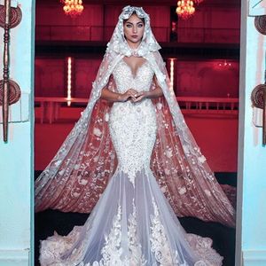 Robe de mariée sexy en dentelle sirène appliquée avec enveloppement profond col en V perles pétales 3D fleurs robe de mariée glamour robes de mariée sirène sexy