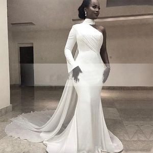 Sexy sirène nigérian une épaule robes de soirée avec ruban Wrap 2023 caftan sud-africain en mousseline de soie train robes de bal manches longues