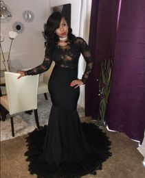 Sexy Mermaid Prom Dresses 2019 Sheer Illusion Crew Black Lace Beaded Elegante Lange Mouwen Party Formele Jurken Lange Avondjurken Jurken