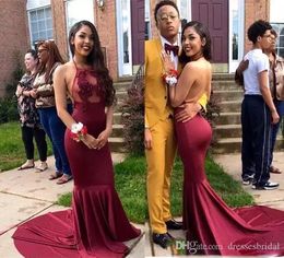 Sexy Mermaid Prom Dresses Nieuwste Halter Mouwloze Kant Lange Celebrity Avond Draag Illusion Backless Party Jurken Robe de Mariee Modest