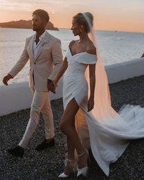 Sexy zeemeermin trouwjurk 2023 crêpe cap mouw front verdeeld van de schouder moderne bruidsjurken strand gewaad de mariage vestidos de noiva