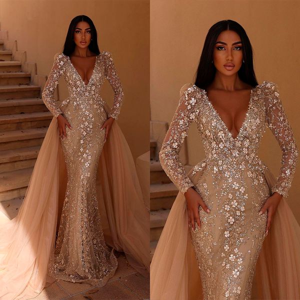 Sexy sirena vestido de novia de manga larga con cuello en V apliques de encaje cuentas desmontable tren última ocasión Formal sin espalda hecho a medida