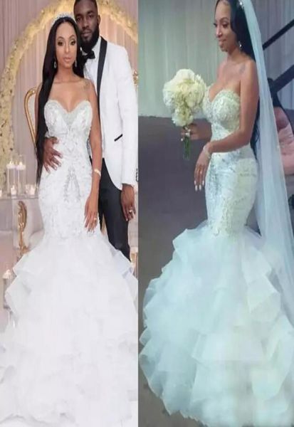 Vestido de novia de sirena sexy cariño Bling con cuentas de cristal Organza volantes en capas hasta el suelo con cordones en la espalda Vestido nupcial De Noi8791932