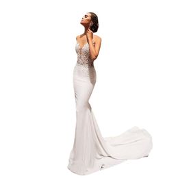 Sexy zeemeermin trouwjurken voor dames v nek kanten Appliqued Backless Beach Wedding Bridal Jurys Vestidos de Novia