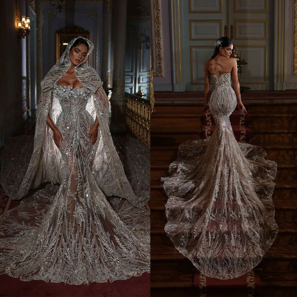 Robes de mariée sexy sirène pour les femmes avec Wrap sans bretelles robe de mariée sans manches paillettes Appliques balayage train robe vestidos de novia