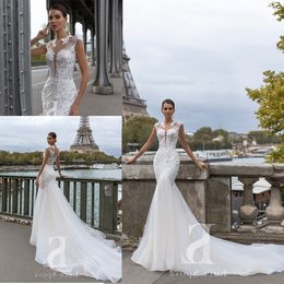 Robes de mariée sirène sexy pure bijou cou Appliqued dentelle robes de mariée balayage train robe de mariée dos nu
