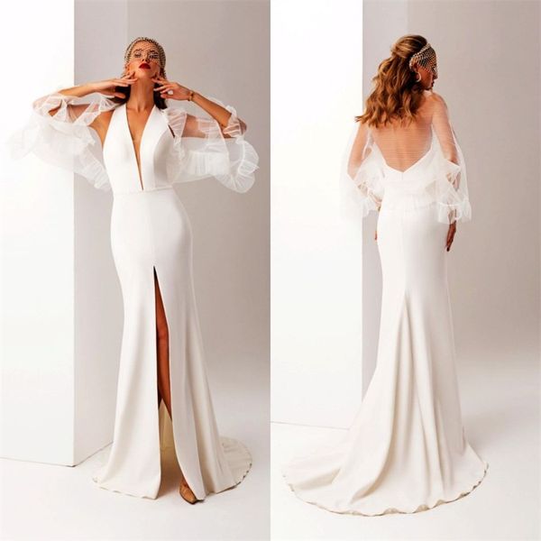 Robes De Mariée Sirène Sexy Avec Wrap Halter Sans Manches Robe De Mariée Haute-split Élégant Satin Dos Nu Balayage Train Robes De Mari￩e Pas Cher