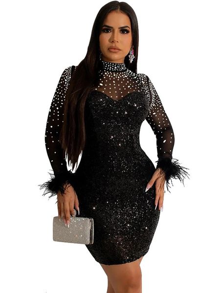 Sexy maille diamant sequin plume boule mini robe voir à travers la tenue de discothèque fête sexy tenue de club jupe en diamant 231226