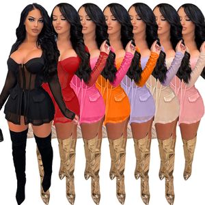 Trajes de malla sexy Mujeres Conjuntos de dos piezas Chándales Ropa de otoño Camisa transparente de manga larga sexy Top y pantalones cortos Ropa transparente Fiesta Night Club Wear BUlk 8432