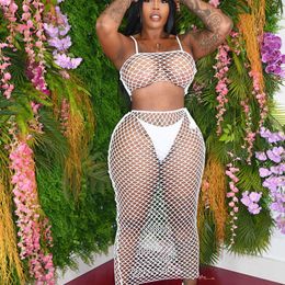 Sexy Mesh See-through Two Piece Skirt Set voor Dames Beach Drsuits Summer Club Outfits Hol Matching Sets Clubwear X0709