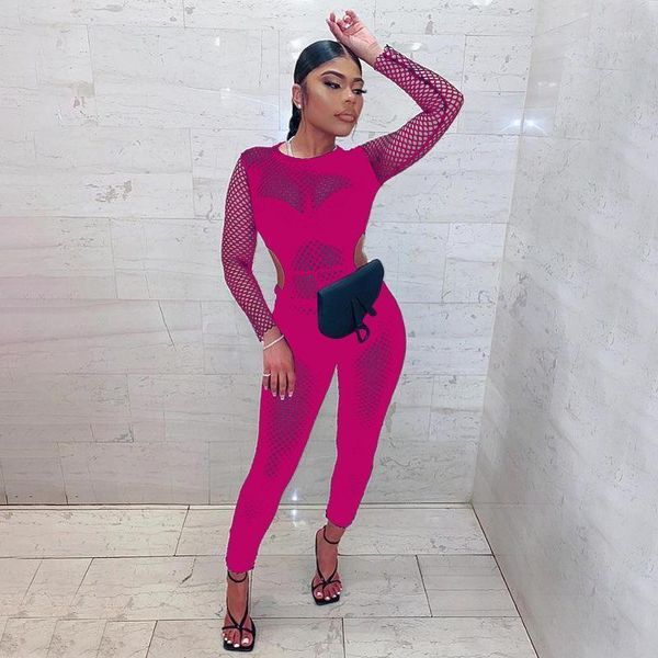 Sexy Mesh Sheer Plaid Bodycon Jumpsuit Pour Femmes D'été À La Mode À Manches Longues One Piece Streetwear Club Salopettes Barboteuses Combinaisons Femmes