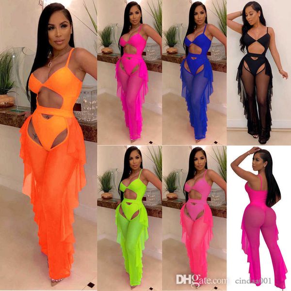 Traje de baño de malla sexy Conjunto de 2 piezas Traje de baño Traje de baño Correas espaguetis recortadas Body y volantes Pantalones transparentes con entrepierna abierta Chándal de noche